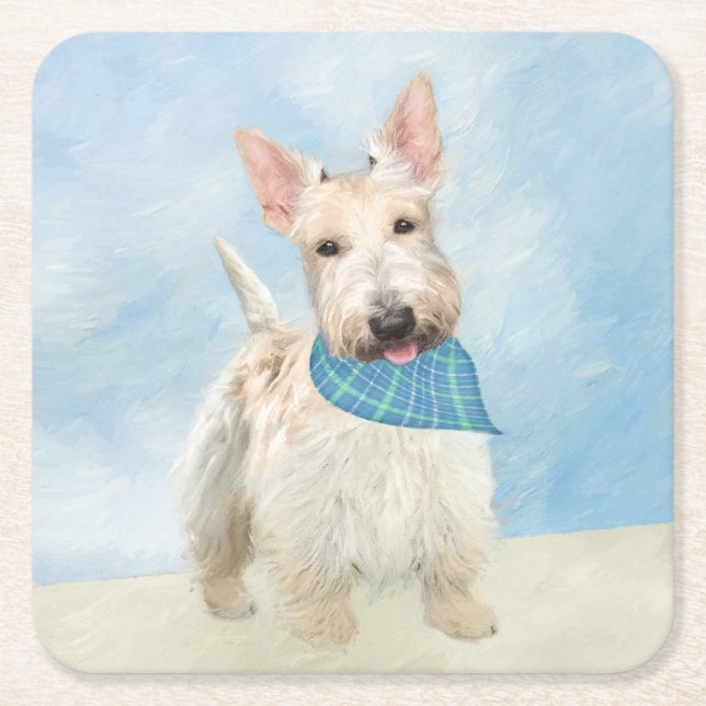 Scottish Terrier Wheaten Dog Painting Original Art Square Paper Coaster (Front)