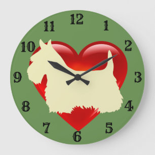 Scottish Terrier white silhouette red heart Large Clock