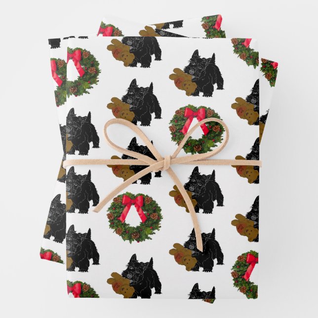 Scottish Terrier With Christmas Wreath Wrapping Paper Sheet (In situ)