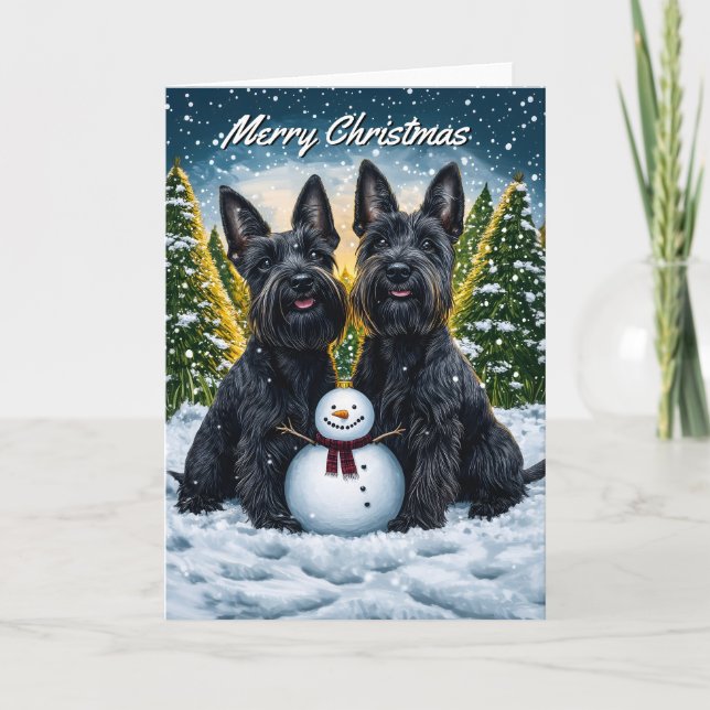 Scottish Terriers and Snowman Christmas Card (Front)