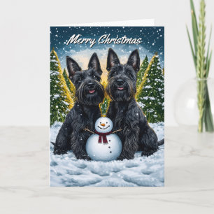 Scottish Terriers and Snowman Christmas Card