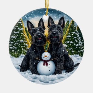 Scottish Terriers and Snowman Christmas Ceramic Ornament