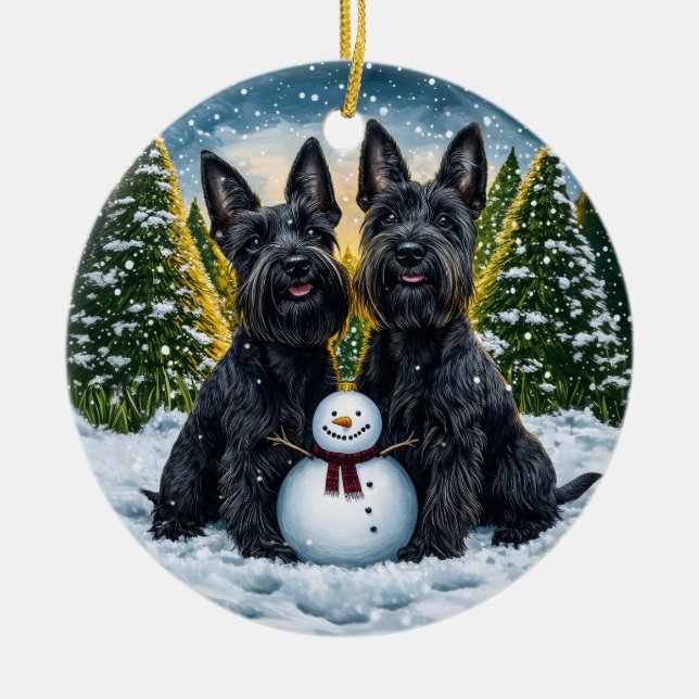 Scottish Terriers and Snowman Christmas Ceramic Ornament (Front)