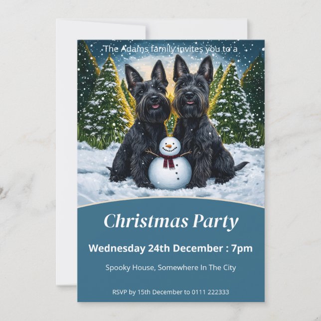 Scottish Terriers and Snowman Christmas Party Invitation (Front)