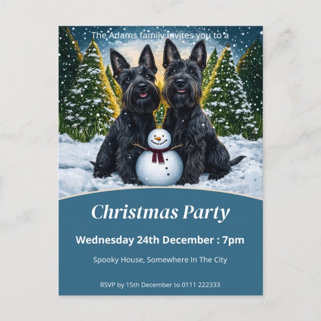Scottish Terriers and Snowman Christmas Party Invitation Postcard (Front)