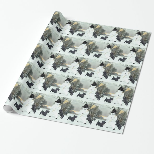 Scottish Terriers and Snowman Wrapping Paper (Unrolled)