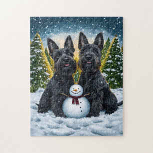 Scottish Terriers and Winter Snowman Jigsaw Puzzle