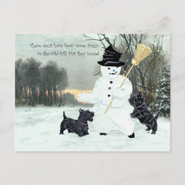 Scottish Terriers Build a Snowman Postcard (Front)
