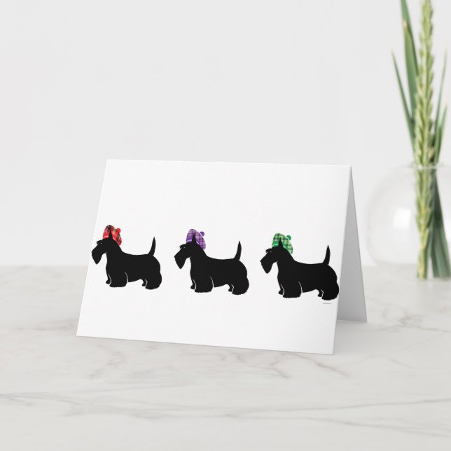 Scottish Terriers in Fun Coloured Plaid Hat Card (Front)