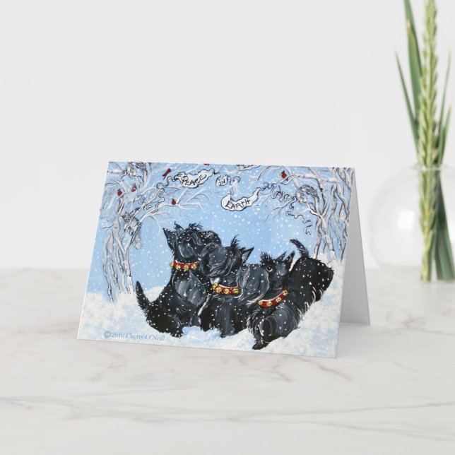 Scottish Terriers in the snow! Holiday Card (Front)