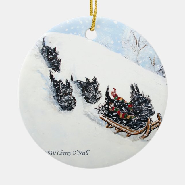 Scottish Terriers Sled Ceramic Ornament (Front)