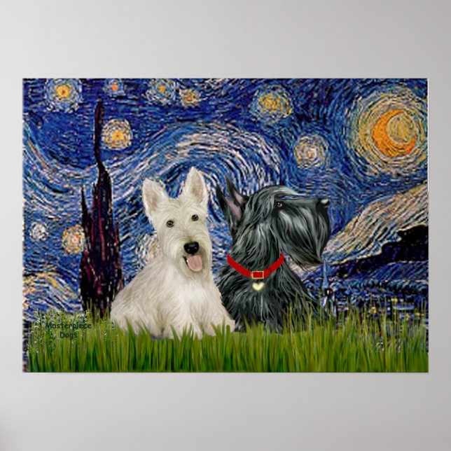 Scottish Terriers (two-BW) - Starry Night Poster (Front)