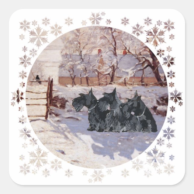 Scottish Terriers Winter Magpie Square Sticker (Front)