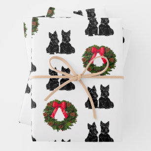 Scottish Terriers with Christmas Wreath Wrapping Paper Sheet