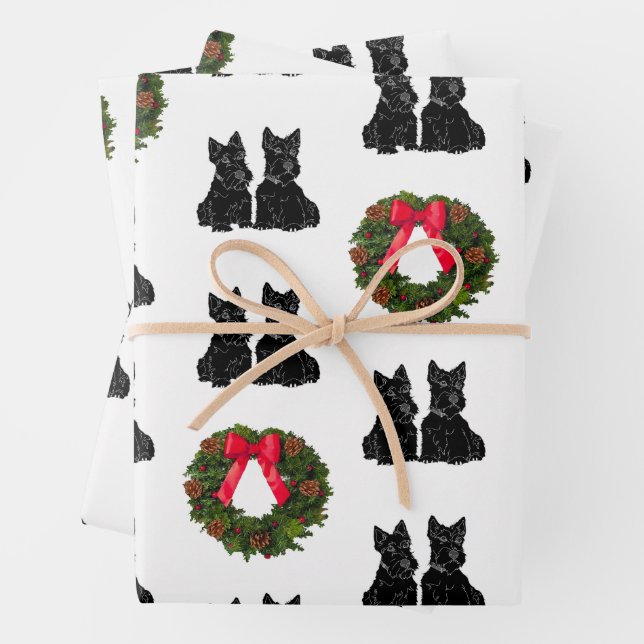 Scottish Terriers with Christmas Wreath Wrapping Paper Sheet (In situ)
