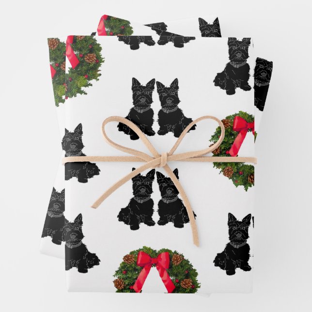 Scottish Terriers with Christmas Wreath Wrapping Paper Sheet (In situ)