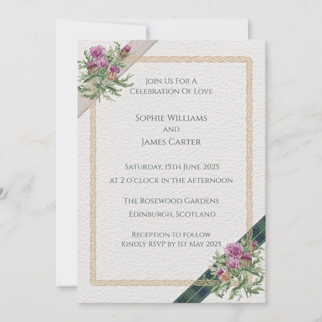 Scottish Thistle Celtic Tartan Wedding Invitation (Front)