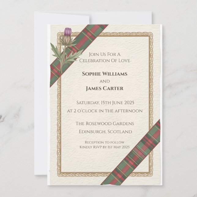 Scottish Thistle Celtic Tartan Wedding Invitation  (Front)