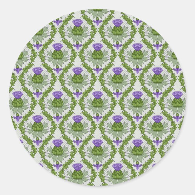Scottish Thistle Damask Classic Round Sticker (Front)