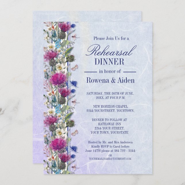 Scottish Thistle Floral Wedding Rehearsal Dinner Invitation (Front/Back)