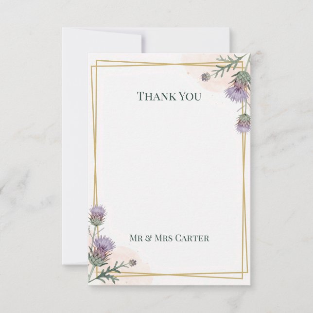 Scottish Thistle Gold Border Classic Wedding Thank You Card (Front)