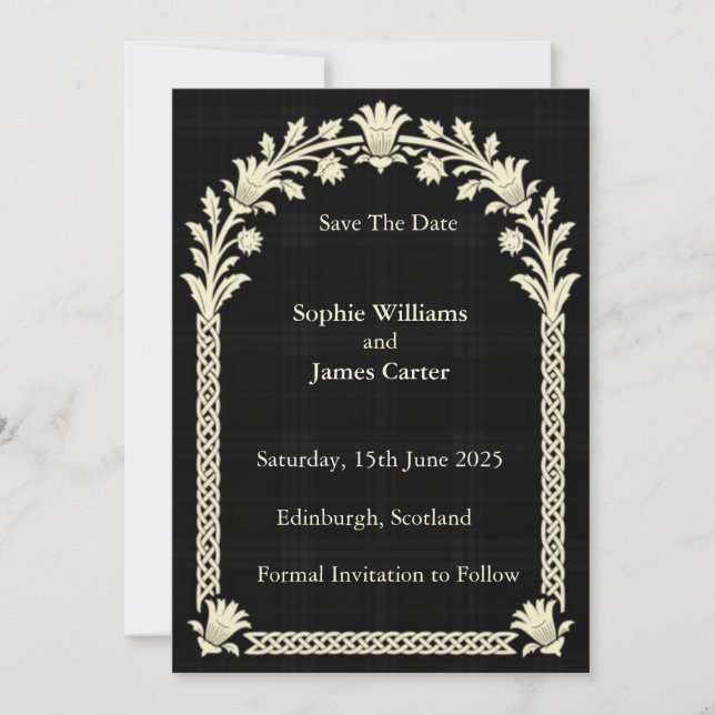 Scottish Thistle Gothic Black Ivory Knotwork Arch  Save The Date (Front)