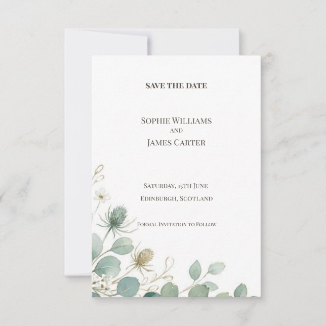 Scottish Thistle Greenery Save the Date Card (Front)