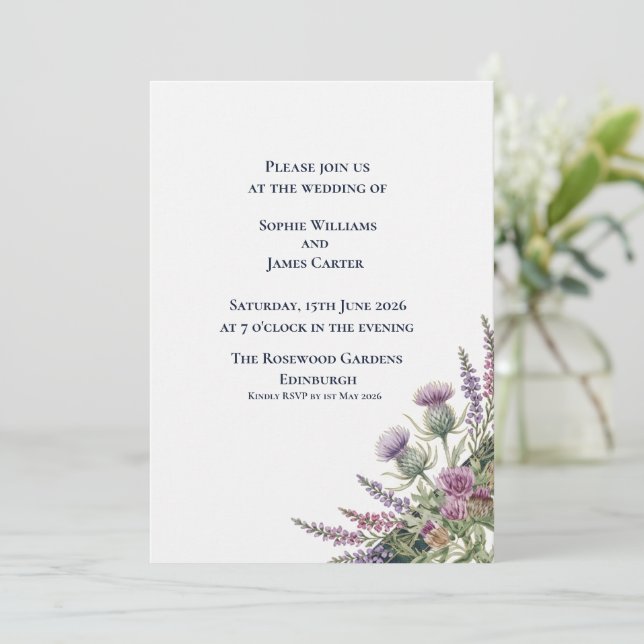 Scottish Thistle Lavender Corner Bouquet Wedding Invitation (Standing Front)