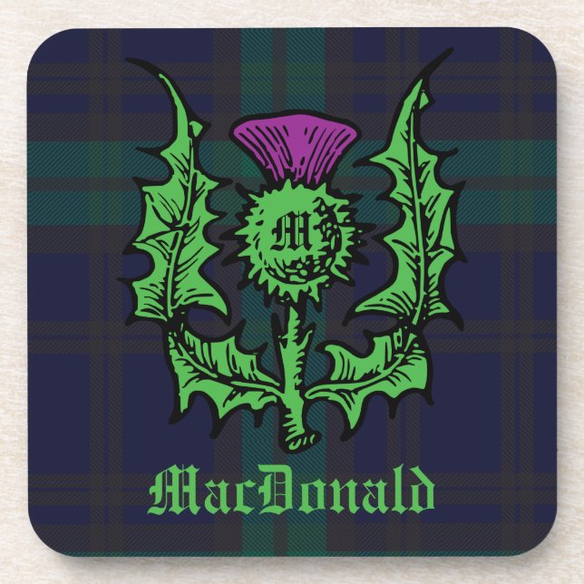Scottish Thistle on Dark Tartan Custom Name Coaster (Front)