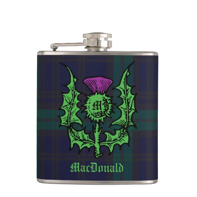 Scottish Thistle on Dark Tartan Custom Name Hip Flask (Front)