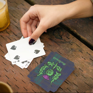 Scottish Thistle on Dark Tartan Custom Name Playing Cards