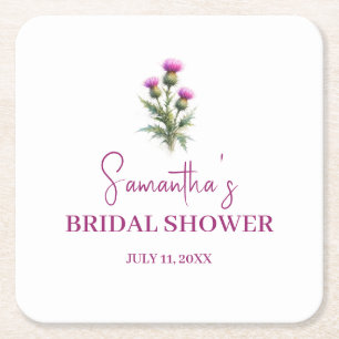 Scottish Thistle Purple Floral Bridal Shower Square Paper Coaster