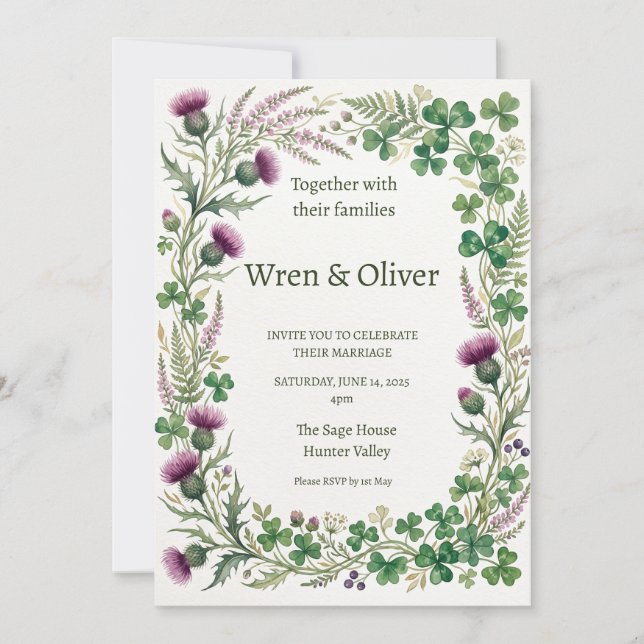 Scottish Thistle Shamrock Wildflower Wedding Invit Invitation (Front)