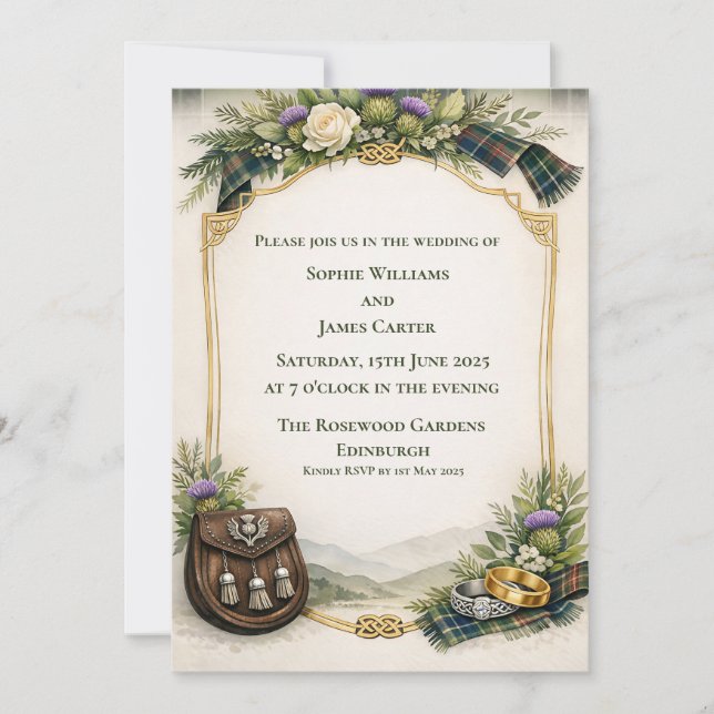 Scottish Thistle Sporran Tartan Celtic Wedding Inv Invitation (Front)