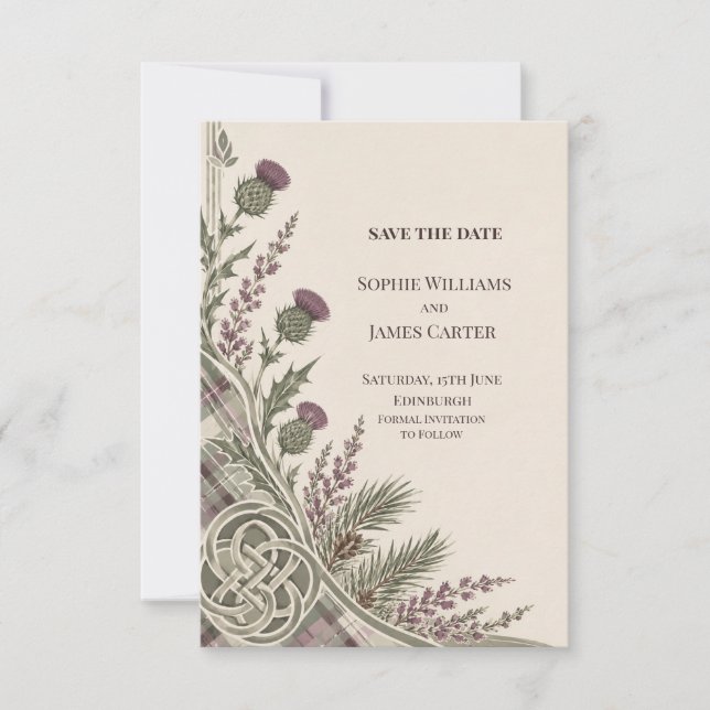 Scottish Thistle Tartan Celtic Knot Wedding Save The Date (Front)