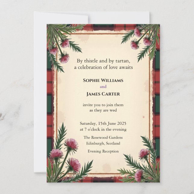 Scottish Thistle Tartan Red Personalized Wedding E Invitation (Front)