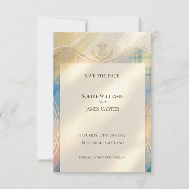 Scottish Thistle Tartan Save the Date | Gold Emble (Front)