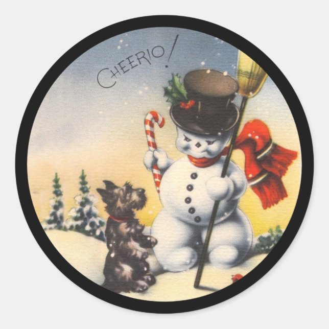 Scotty and Snowman say "cheerio!" Classic Round Sticker (Front)