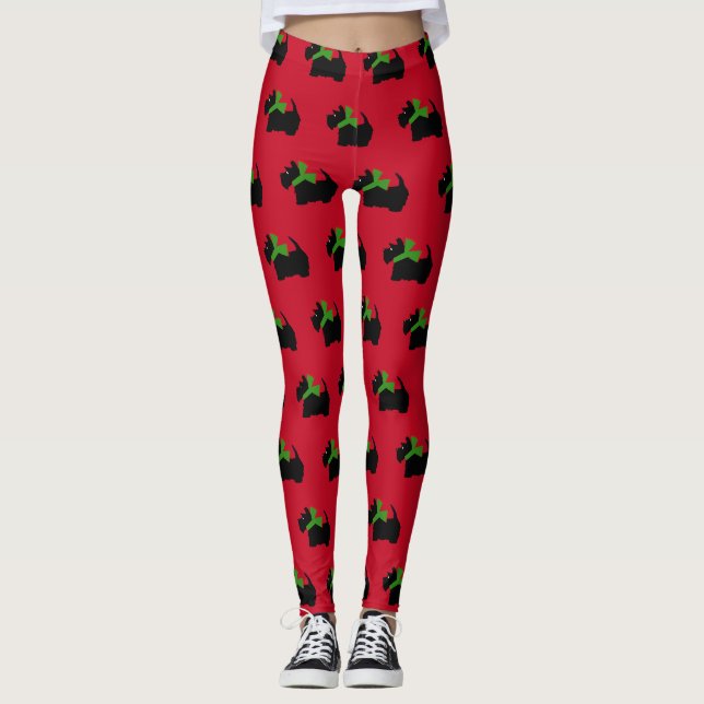 Scotty Dog and Tartan Merry Christmas Leggings (Front)