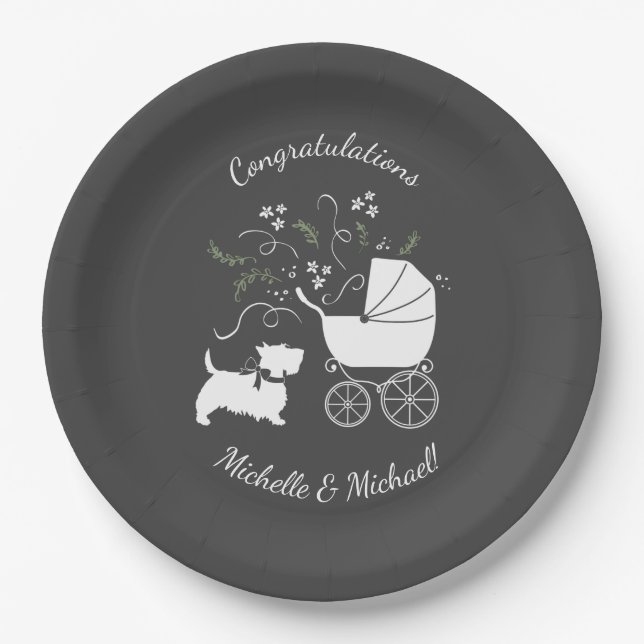 Scotty Dog Baby Shower Puppy Scottish Terrier Grey Paper Plate (Front)