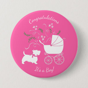 Scotty Dog Baby Shower Puppy Scottish Terrier Pink 3 Inch Round Button
