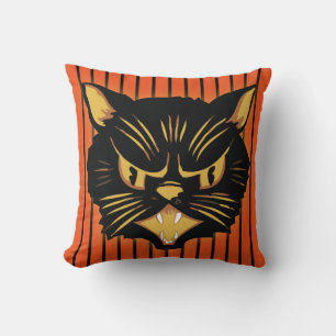 Scowling Black Cat With Black and Orange Stripe Throw Pillow