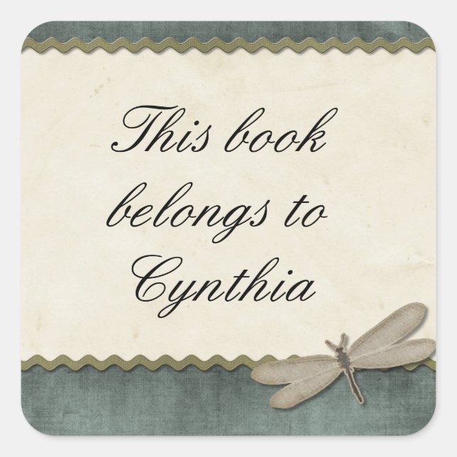 Scrap Green Dragonfly and Ribbon Personalized Square Sticker (Front)