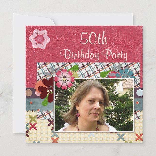 Scrapbook Style 50th Birthday Party Add Your Photo Invitation (Front)