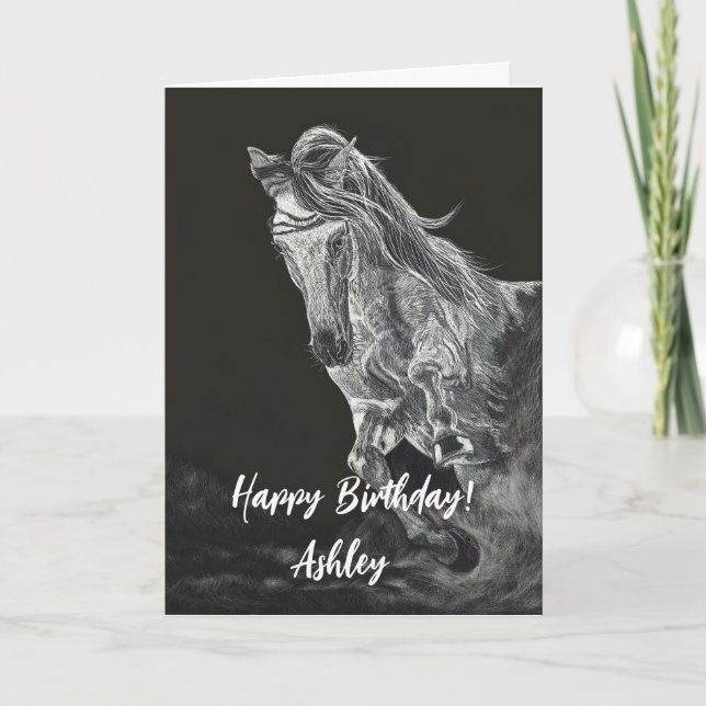 Scratchboard Art Lusitano Horse Birthday Card (Front)