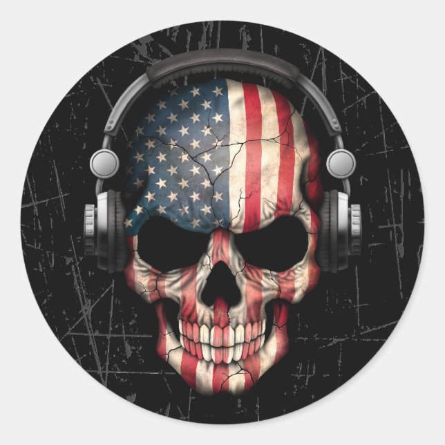Scratched American Dj Skull with Headphones Classic Round Sticker (Front)