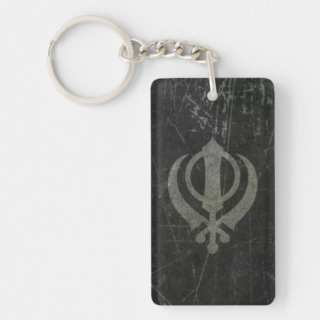 Scratched and Worn Grey Sikh Khanda Symbol Keychain (Front)