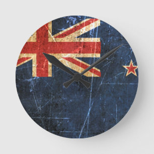 Scratched and Worn Vintage New Zealand Flag Round Clock