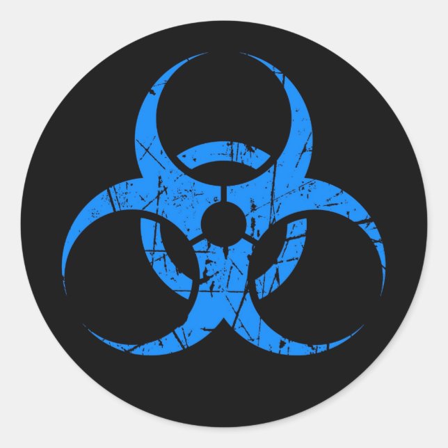 Scratched Blue Biohazard Symbol on Black Classic Round Sticker (Front)