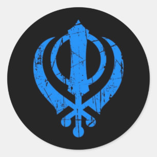 Scratched Blue Sikh Khanda Symbol on Black Classic Round Sticker